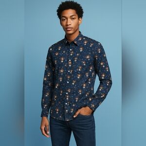 Wesley Slim Fit Navy Floral Button Down Shirt Men’s Large Cotton Tailored Modern